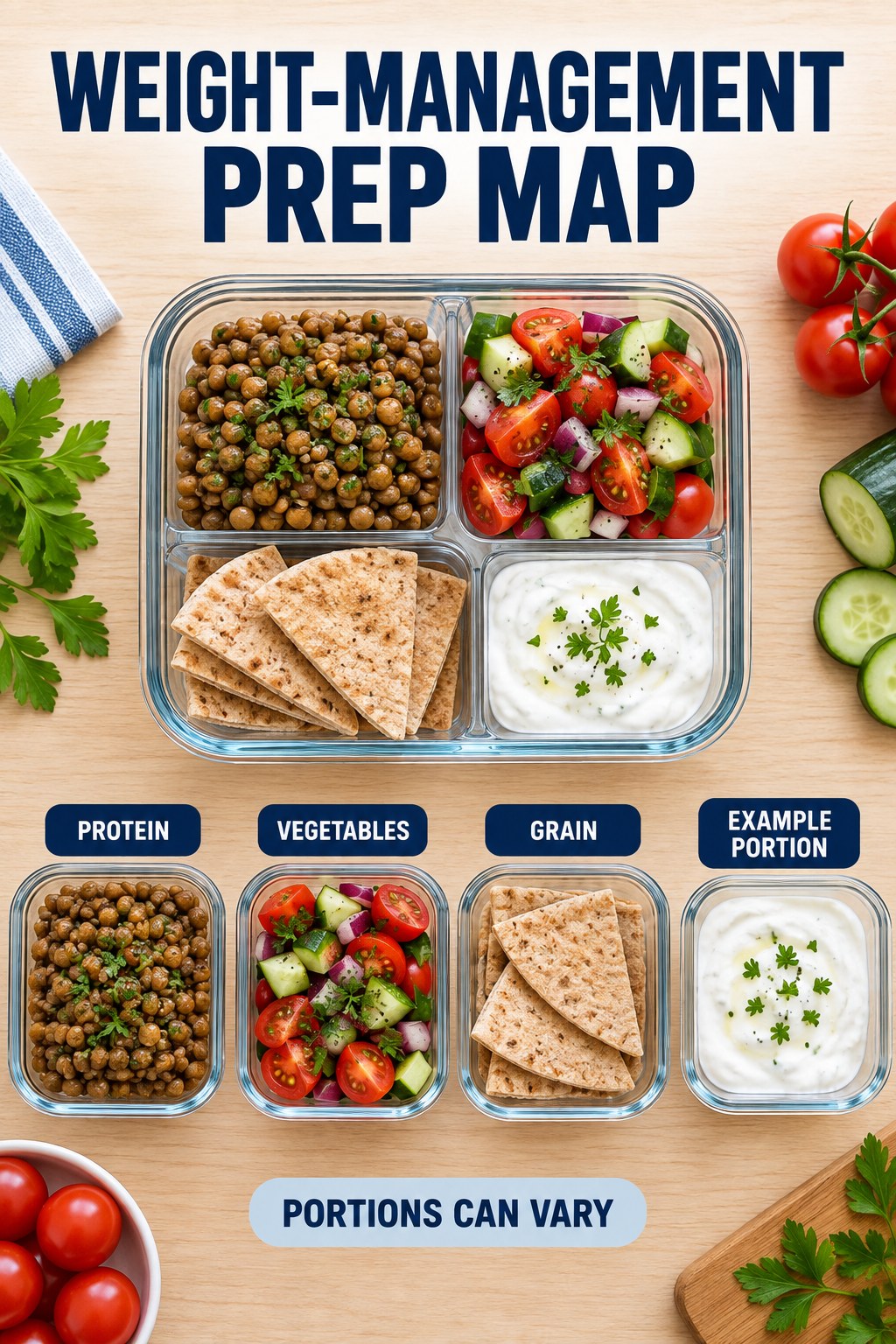 Weight-Management Prep Map visual using lentils, whole-grain pita, tomato salad, and plain yogurt as flexible example portions for Weight Loss Meal Prep.