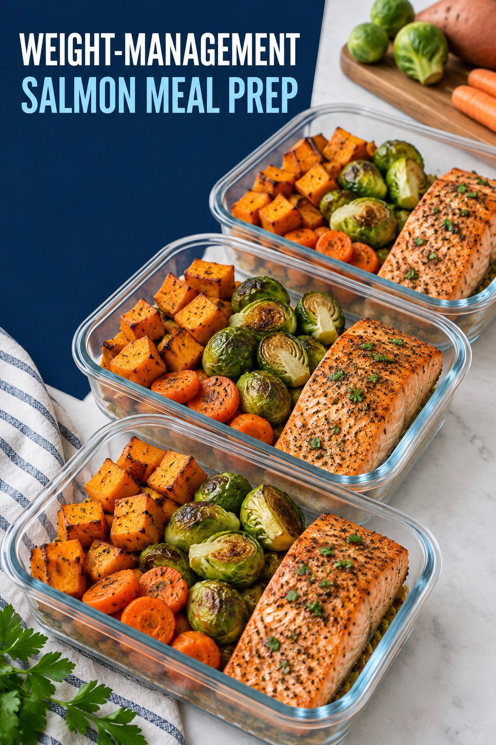 Three containers of weight-management salmon sweet potato prep boxes with salmon, sweet potato, Brussels sprouts, and carrot.