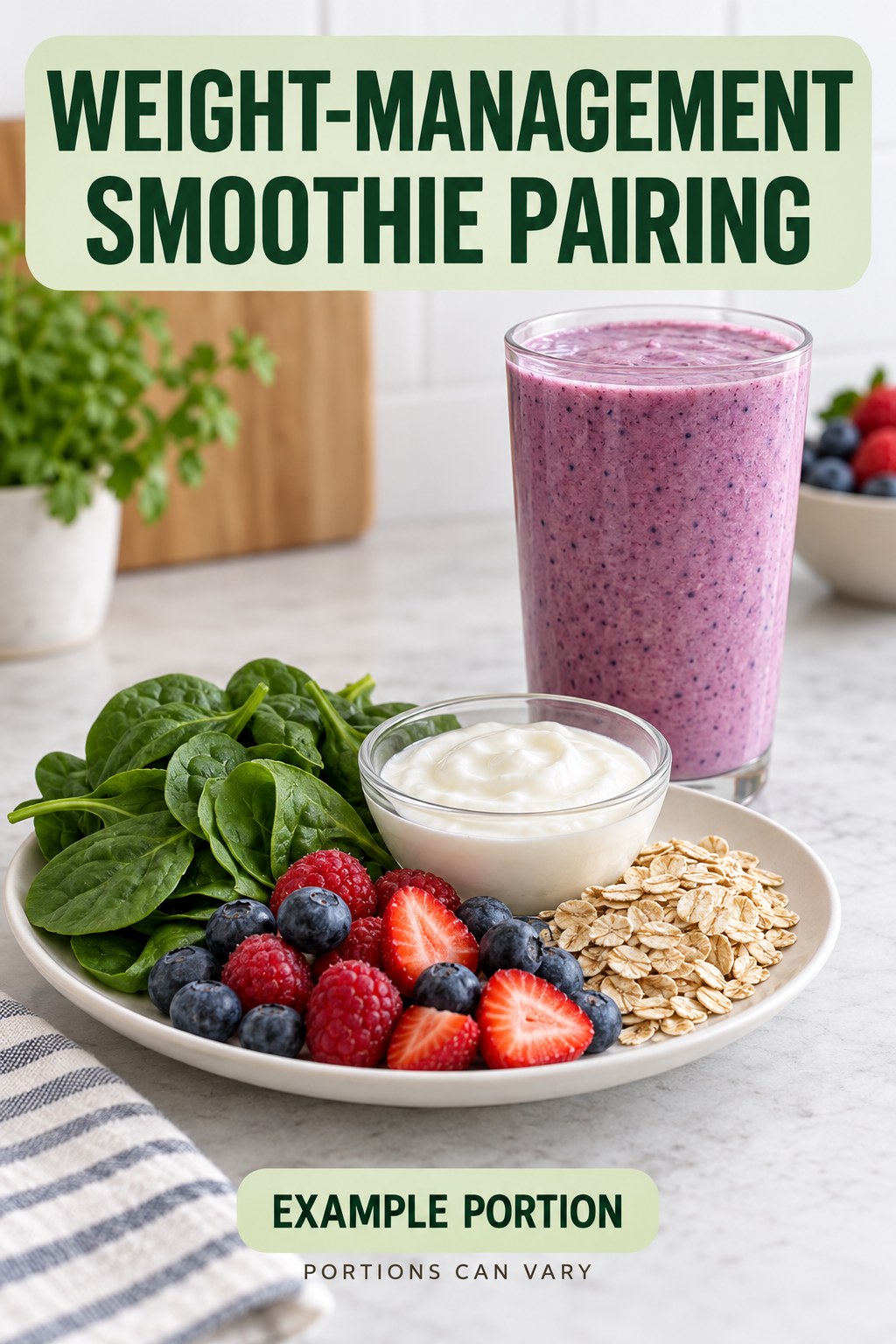Weight-Management Smoothie Pairing visual using plain yogurt, oats, berries, and spinach as flexible example portions for Weight Loss Smoothies.