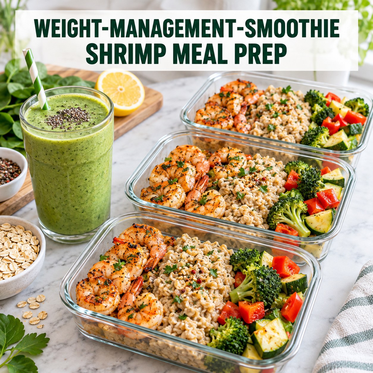 Three containers of weight-management-smoothie shrimp oats prep boxes with shrimp, oats, Brussels sprouts, and carrot.