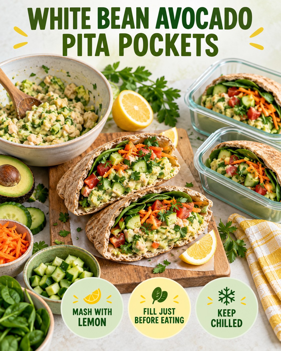 White bean avocado pita pockets with cucumber, tomato, spinach, carrot, parsley, lemon, and chilled packing reminders.