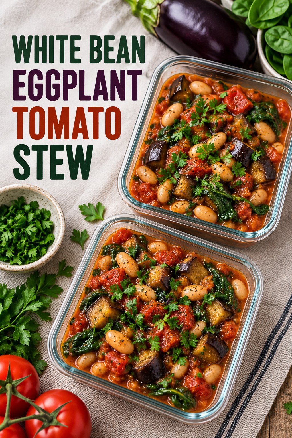 Two servings of white bean eggplant tomato stew made with white beans, eggplant, and vegetables.