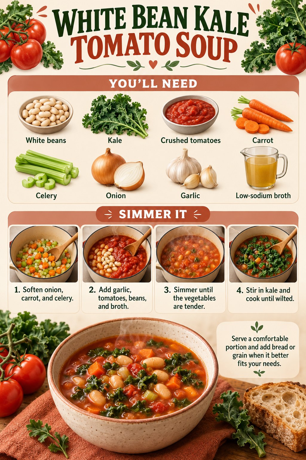 White bean kale tomato soup with carrot, celery, onion, garlic, herbs, and a slice of whole-grain bread.