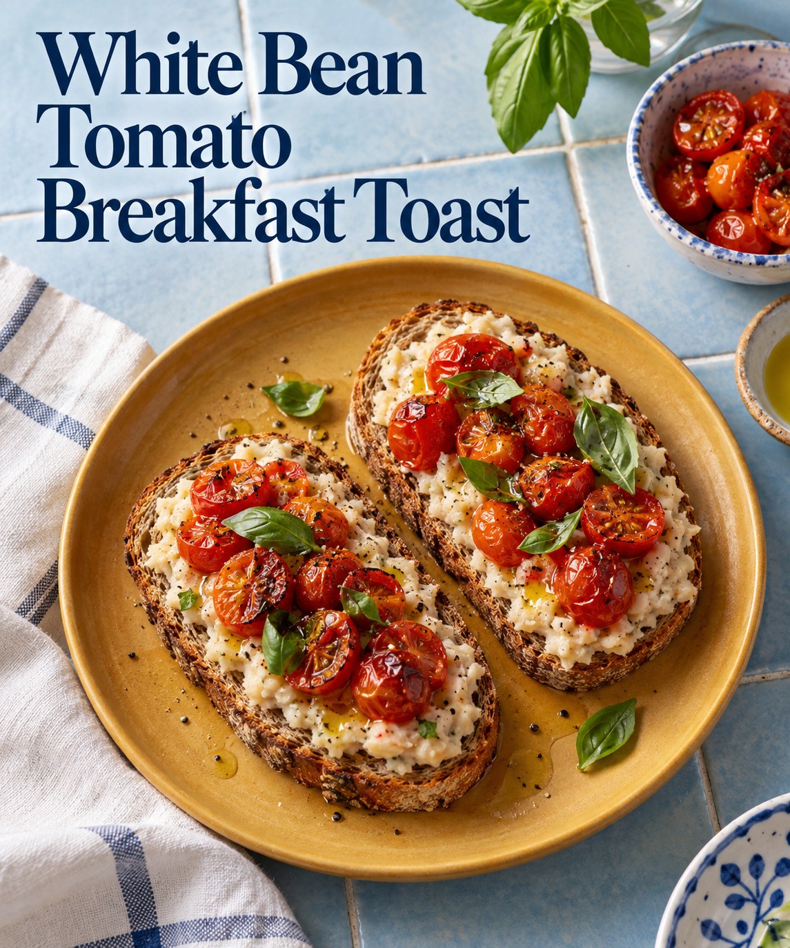 White bean and roasted tomato toast with basil beneath the words White Bean Tomato Breakfast Toast.