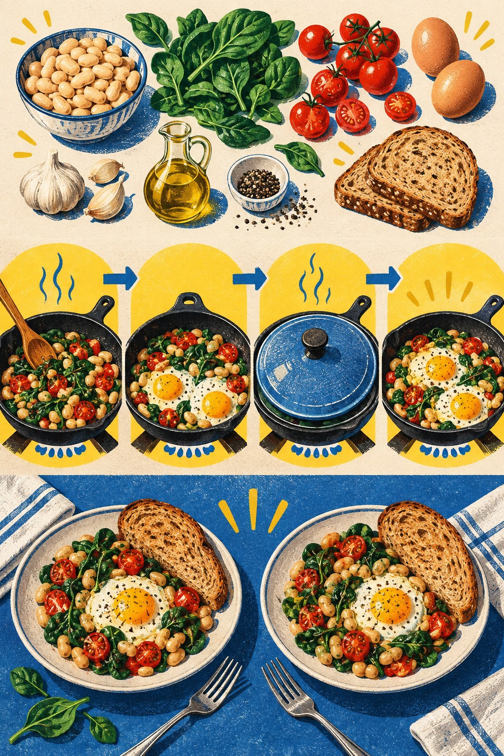 Vertical risograph-style infographic showing beans, spinach, tomatoes, eggs, skillet cooking steps, and two breakfast plates with toast.
