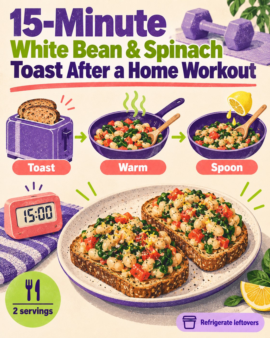 Purple risograph infographic showing toast, white beans, spinach, tomato, lemon, a skillet, and two servings.