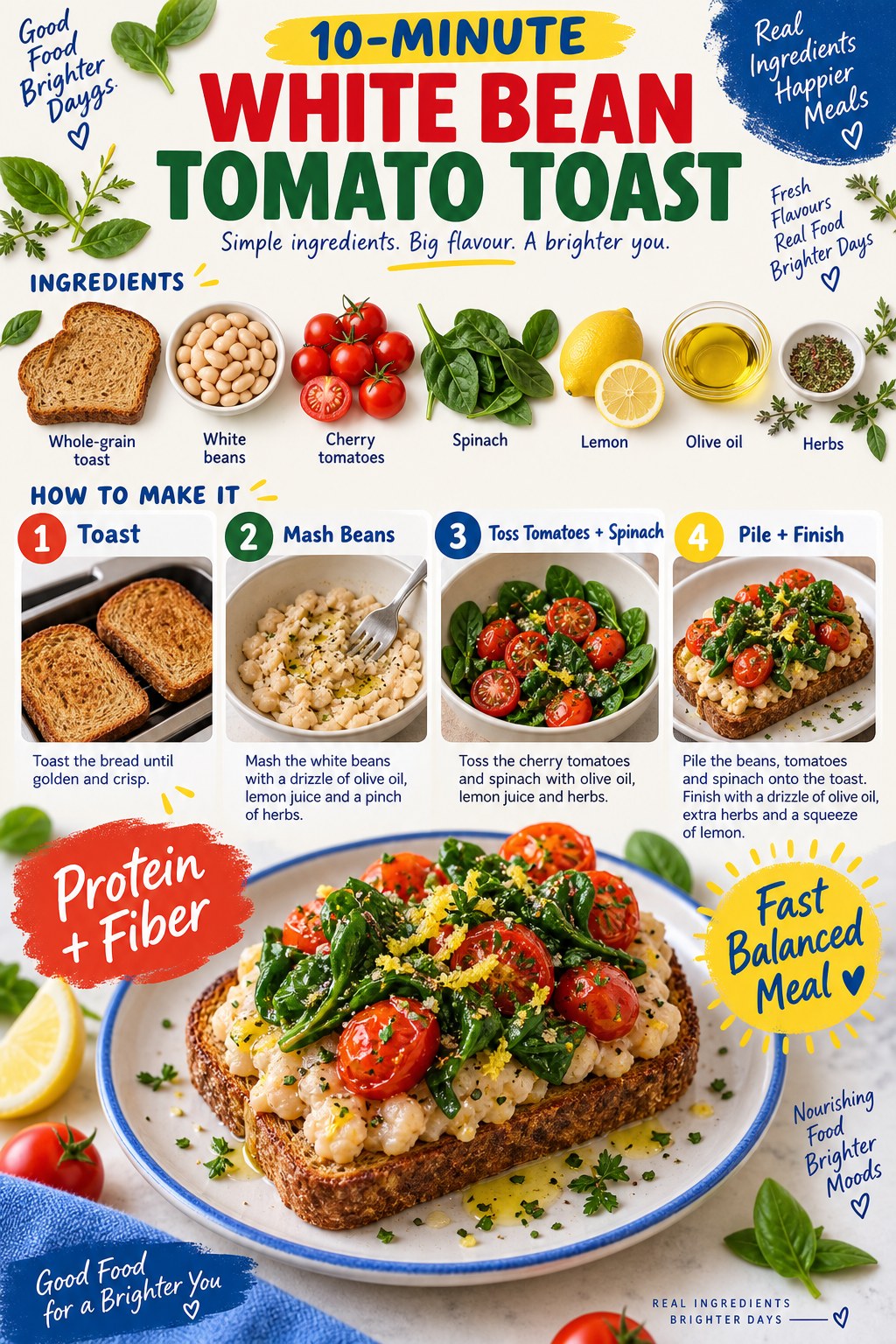 Portrait recipe infographic showing whole-grain toast, mashed white beans, tomatoes, spinach, lemon, olive oil, herbs, and four steps.