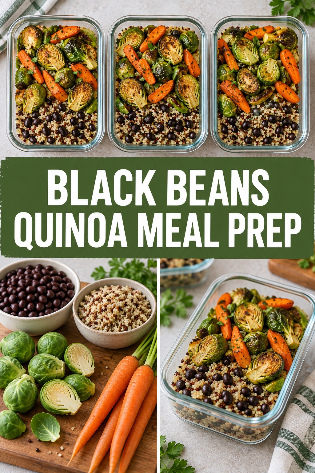 Three containers of whole-food black beans quinoa prep boxes with black beans, quinoa, Brussels sprouts, and carrot.