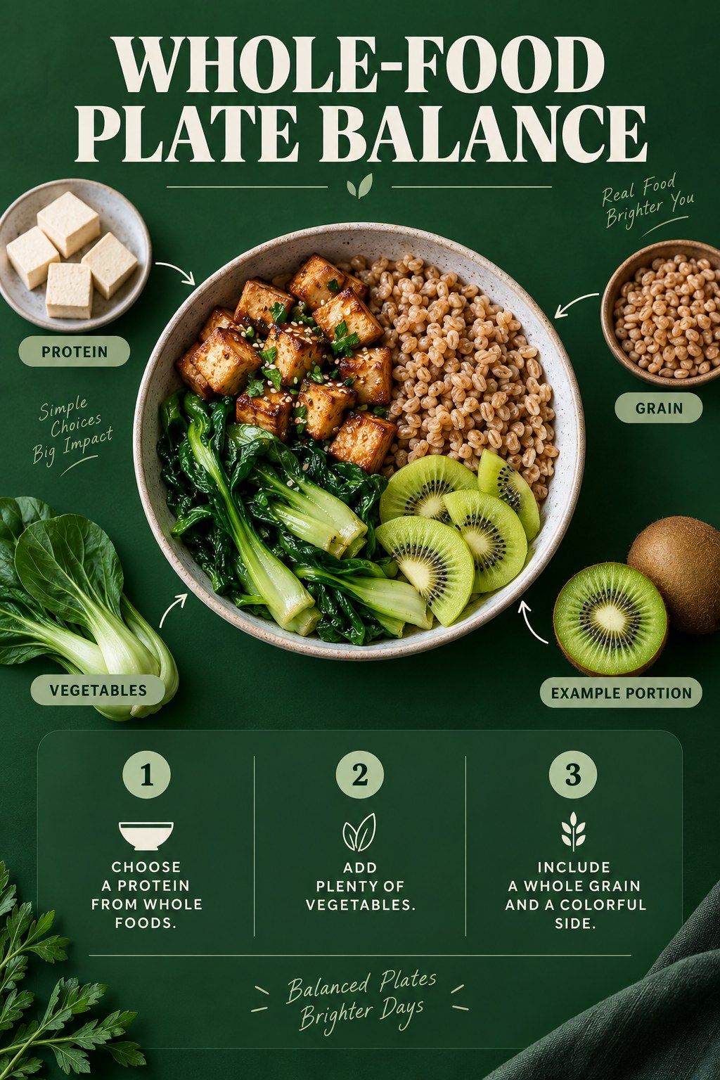 Whole-Food Plate Balance visual using tofu, farro, bok choy, and kiwi as flexible example portions for Weight Loss Foods.