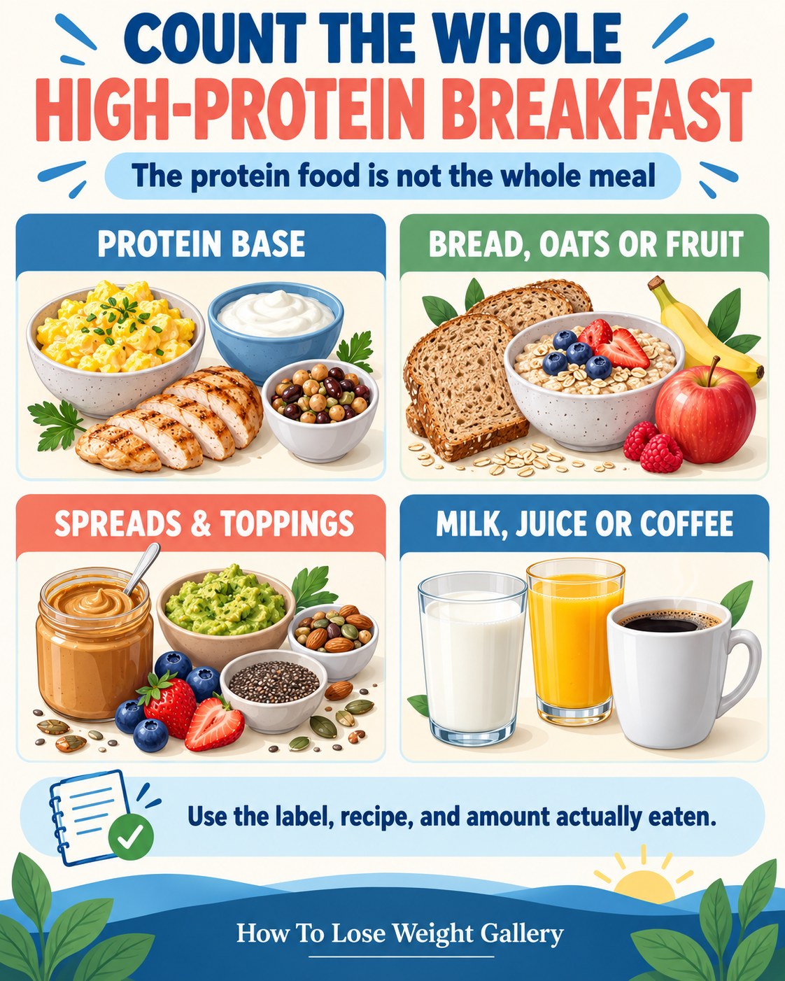 High-protein breakfast infographic showing the protein base, bread oats or fruit, spreads and toppings, and breakfast drinks