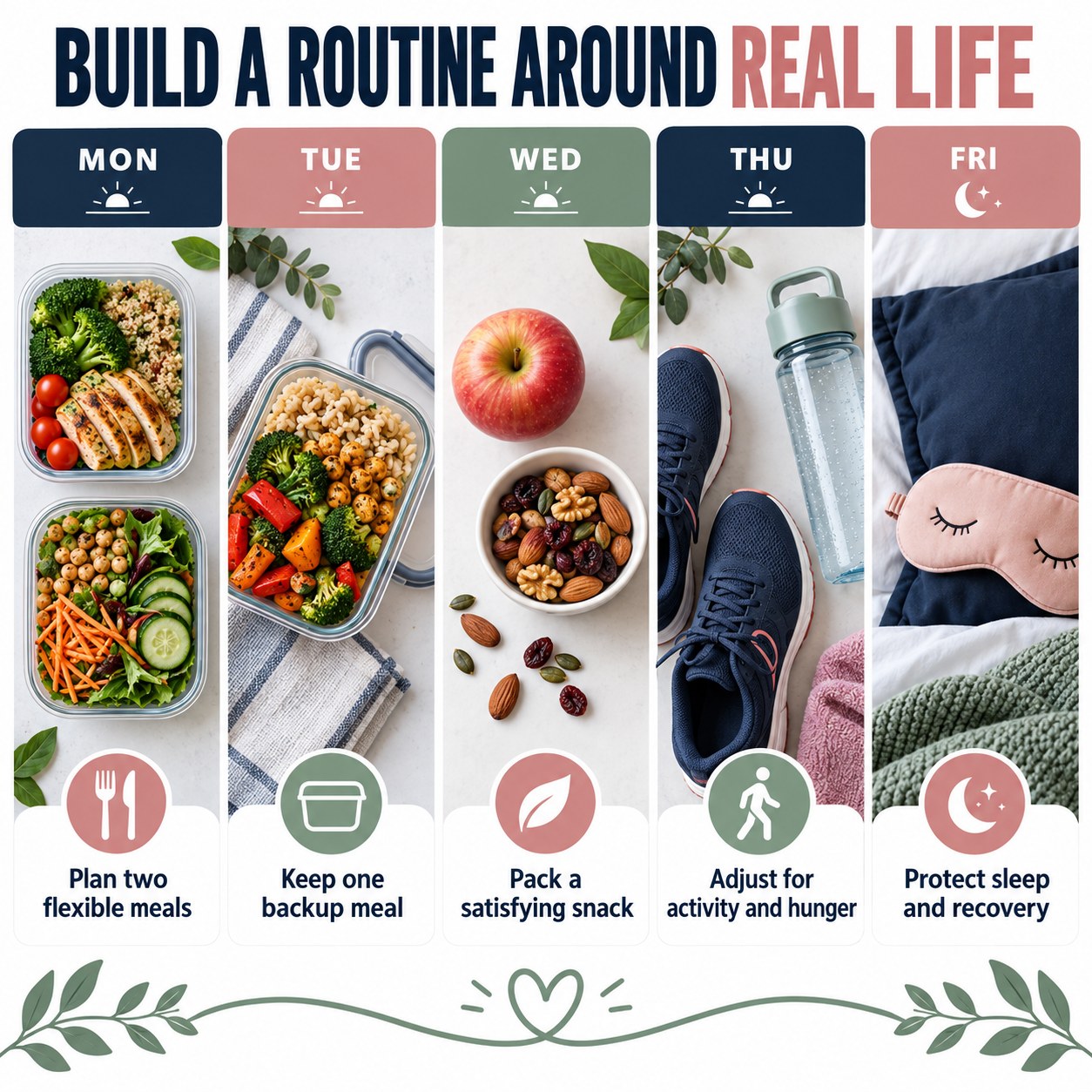 Weekly routine infographic showing flexible meals, a backup meal, a satisfying snack, activity and hunger adjustments, and protected sleep