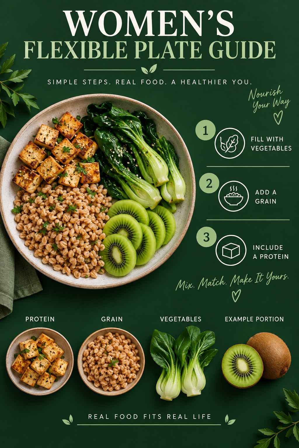 Women’s Flexible Plate Guide visual using tofu, farro, bok choy, and kiwi as flexible example portions for Weight Loss for Women.