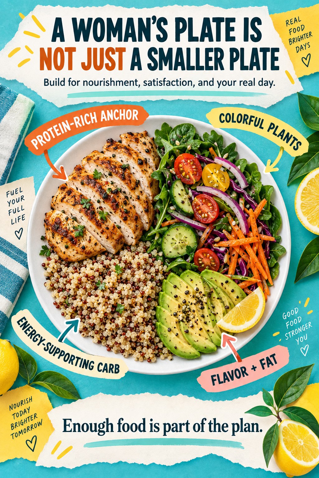 Turquoise and orange collage infographic showing a balanced woman's plate with protein, colorful plants, carbohydrate, and flavor plus fat.