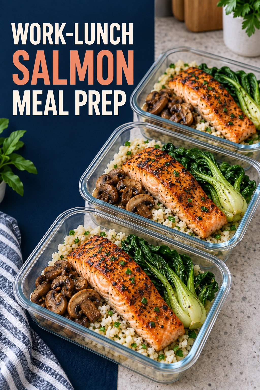 Three containers of work-lunch salmon cauliflower rice prep boxes with salmon, cauliflower rice, mushrooms, and bok choy.