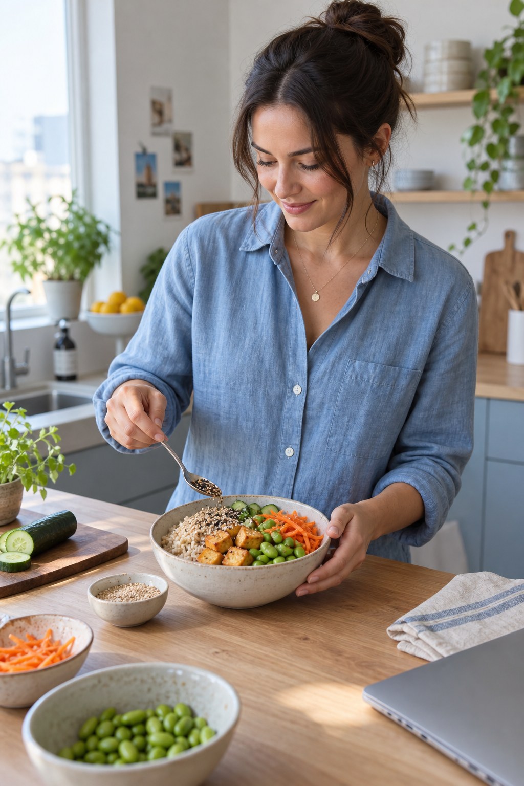 Woman in a blue shirt adding sesame to a tofu, edamame, rice, carrot, and cucumber bowl beside a closed laptop.