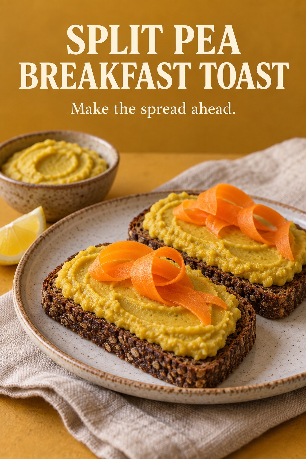 Rye toast with yellow split pea spread and carrot ribbons beneath the words Split Pea Breakfast Toast.