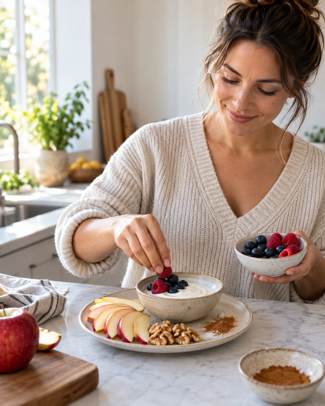 Woman adding berries to yogurt beside sliced apple, walnuts, and cinnamon