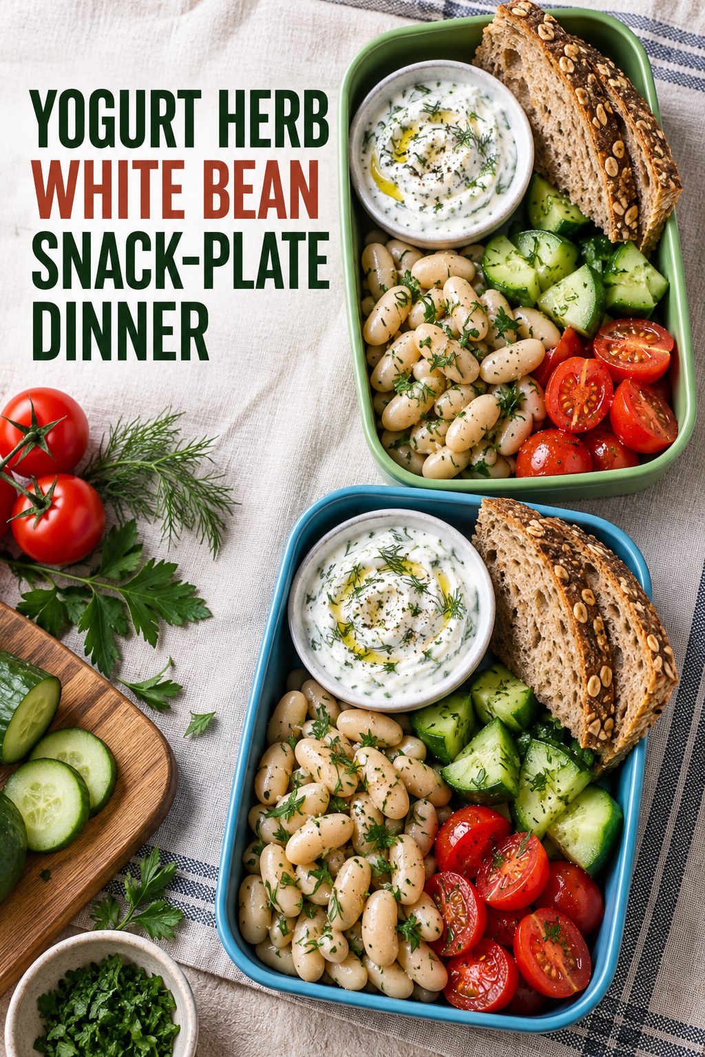 Two servings of yogurt herb white bean snack-plate dinner made with Greek yogurt, white beans, and vegetables.