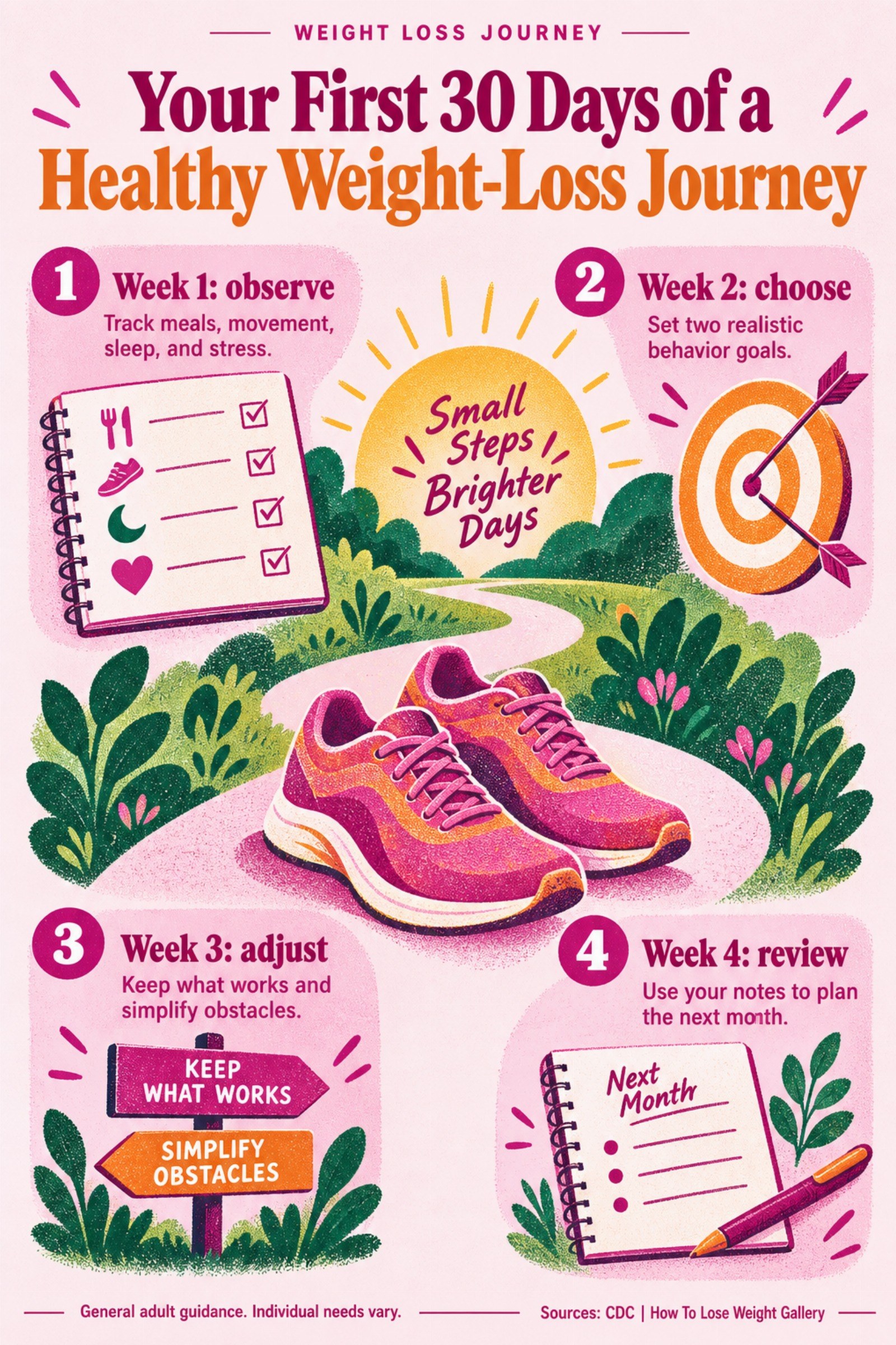 Colorful infographic titled Your First 30 Days of a Healthy Weight-Loss Journey with four illustrated tips for Weight Loss Journey.