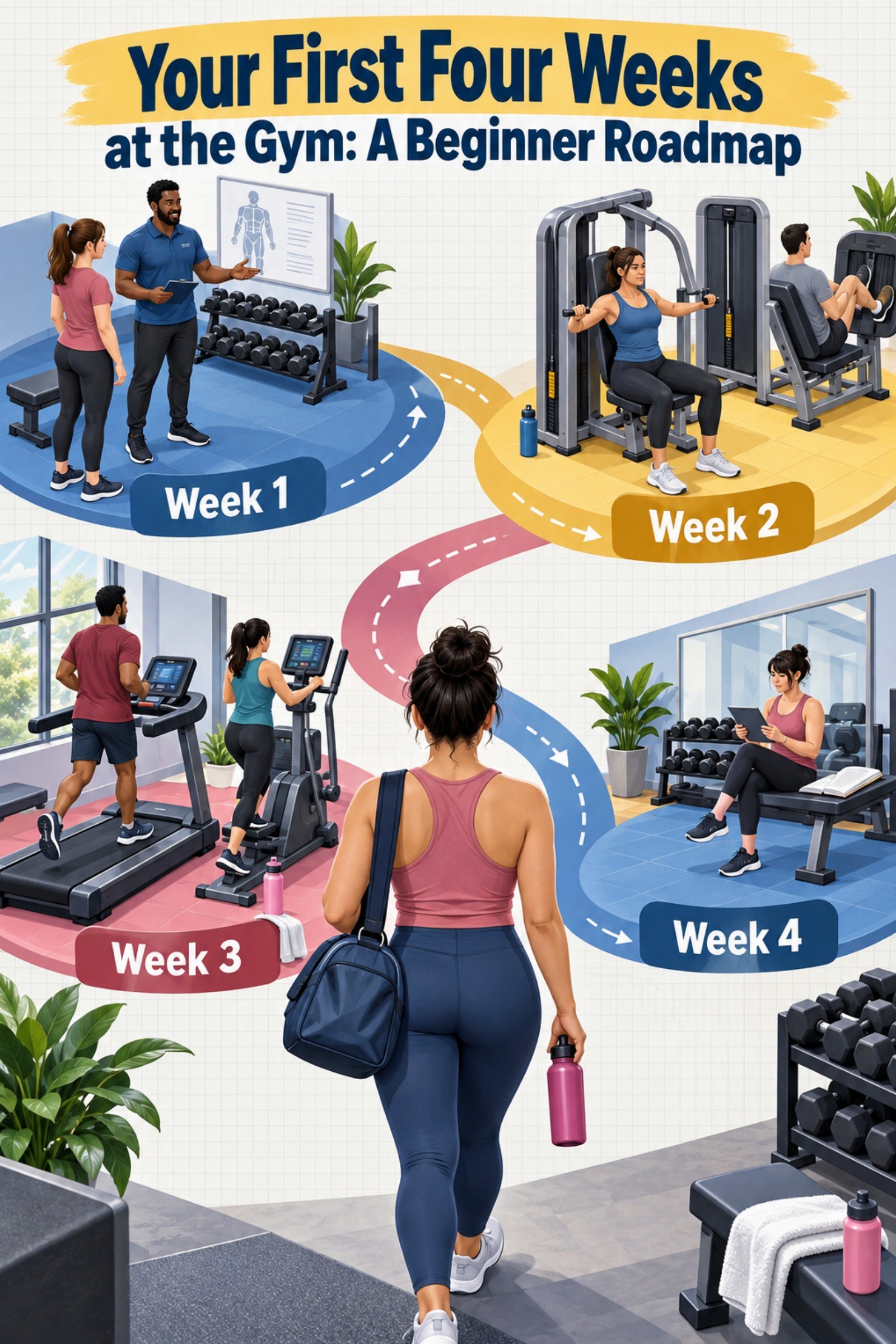 Four-week illustrated path through orientation, machines, cardio, and review. The image supports Your First Four Weeks at the Gym: A Beginner Roadmap.
