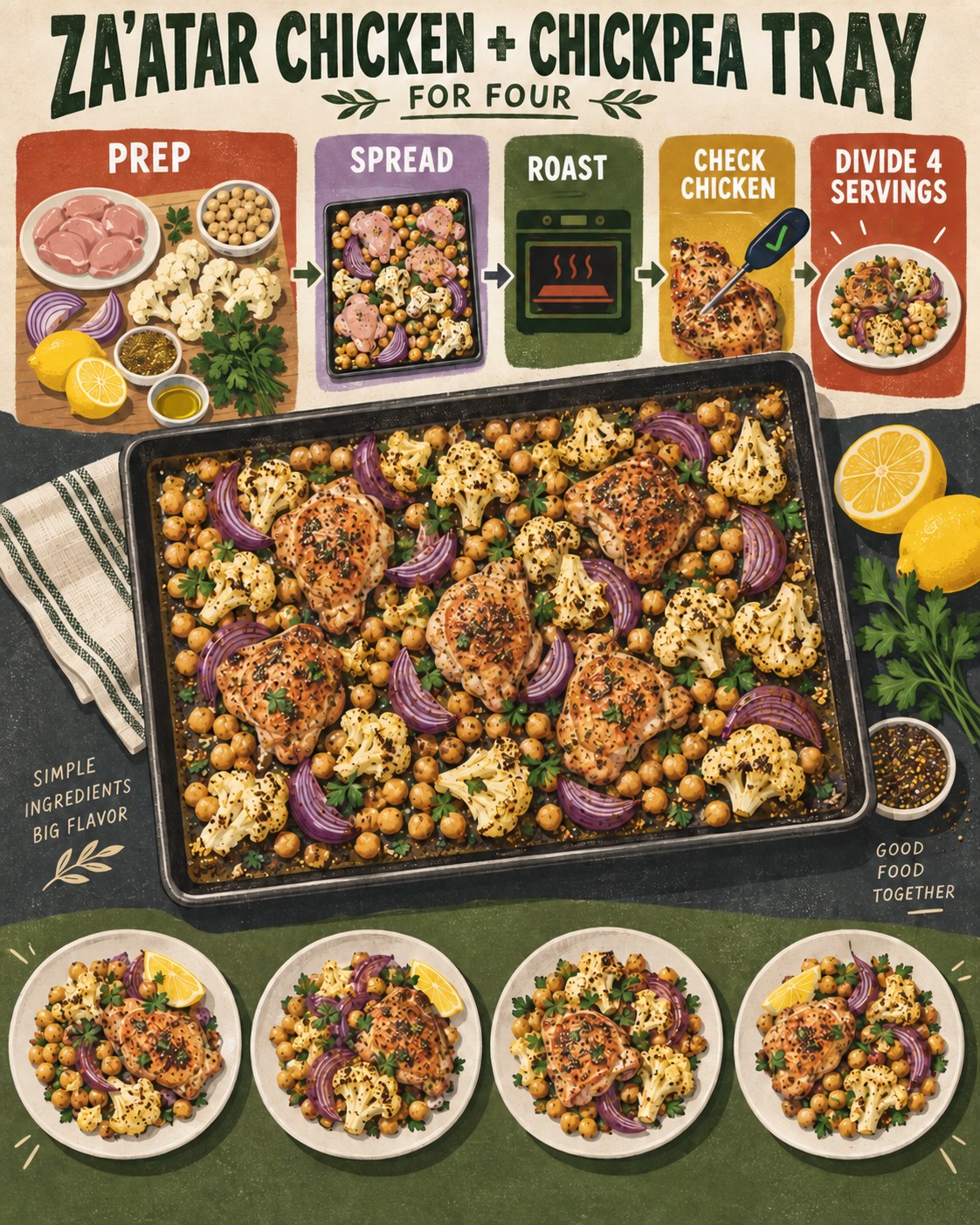 Screenprint infographic showing chicken, chickpeas, cauliflower, a sheet pan, doneness check, and four dinner plates.