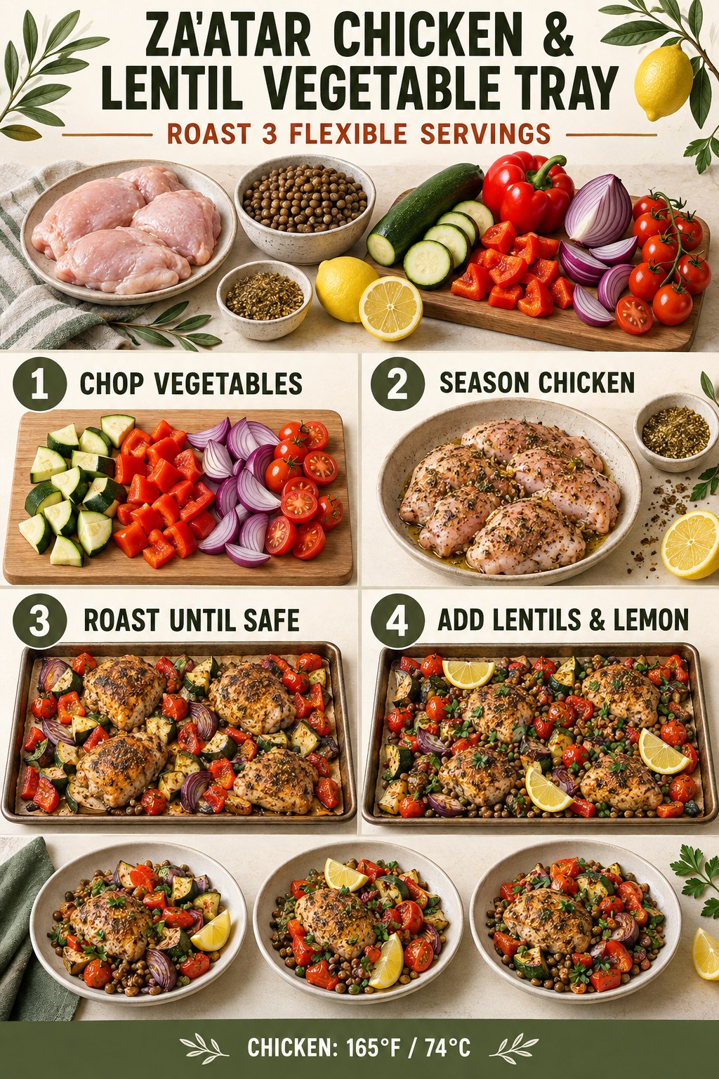 Za'atar chicken, lentils, peppers, zucchini, and tomatoes arranged on a roasted vegetable tray.
