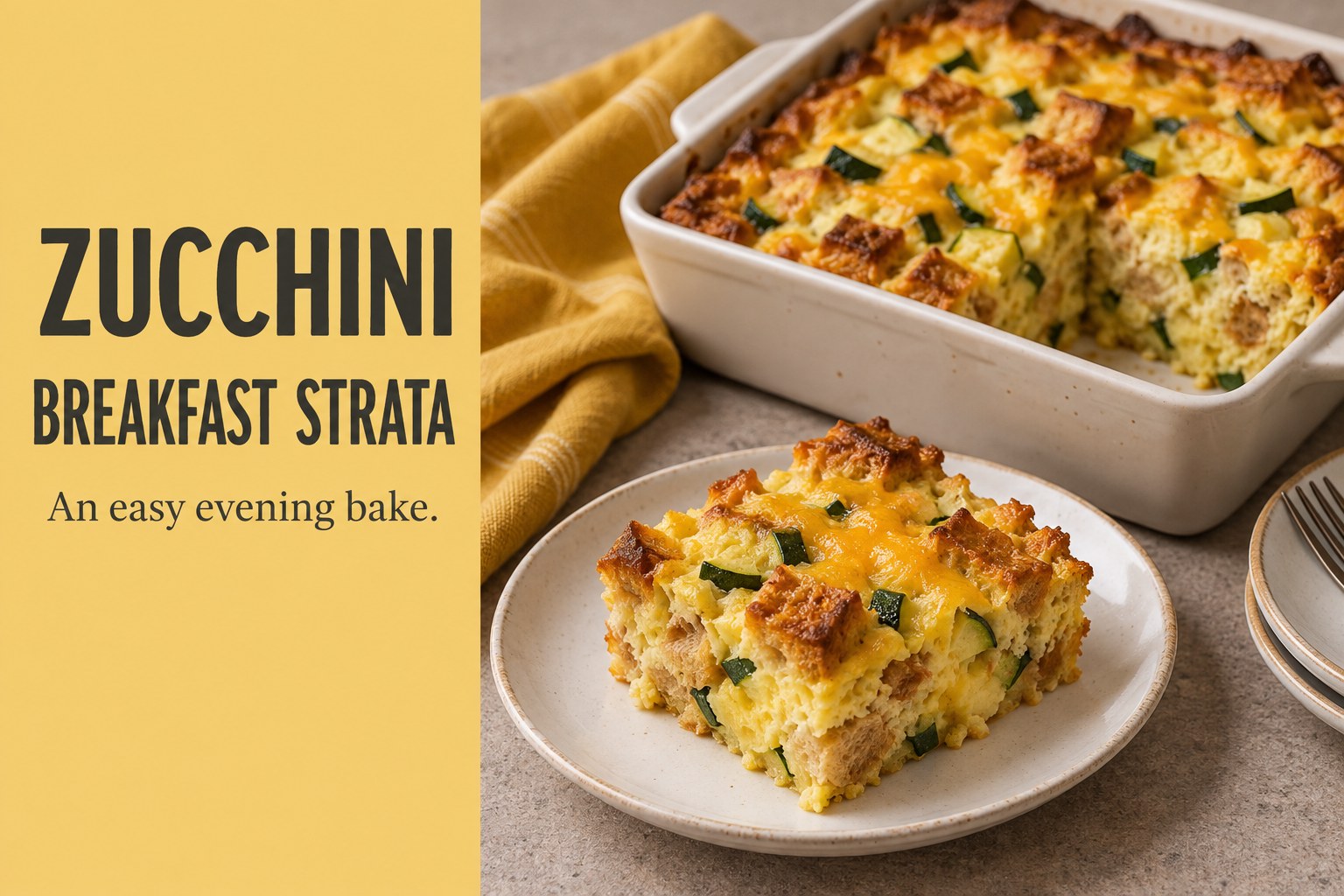 A square of golden zucchini cheddar bread strata on a plate beside a baking dish with the text Zucchini Breakfast Strata.
