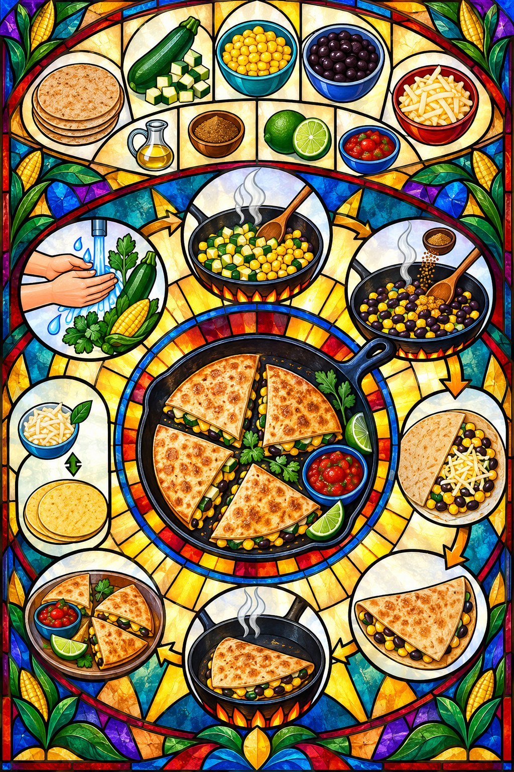 Backlit stained-glass recipe infographic showing quesadilla ingredients, skillet steps, four folded portions, lime, and salsa.
