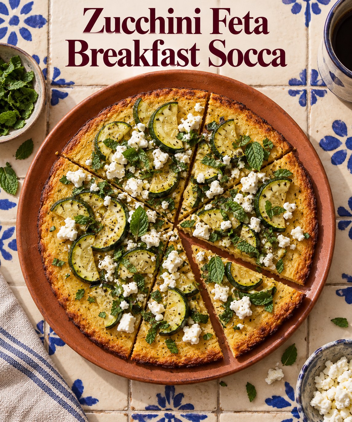 Chickpea flatbread wedges with zucchini feta and mint beneath the words Zucchini Feta Breakfast Socca.