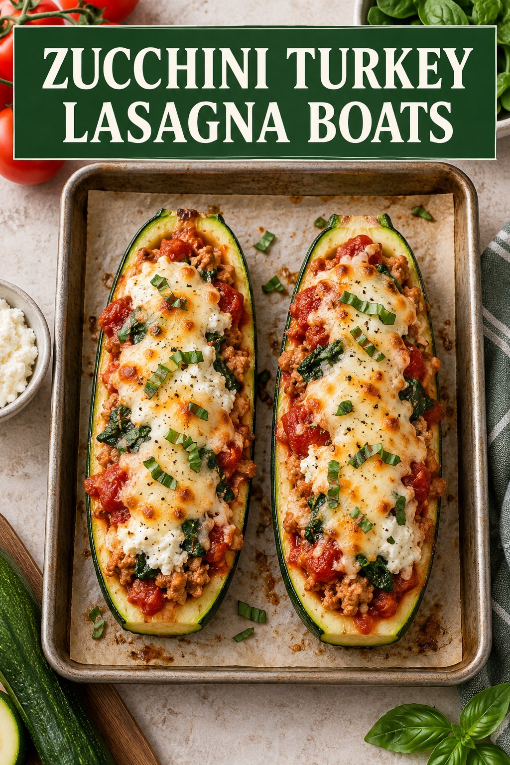 Two servings of zucchini turkey lasagna boats made with turkey, zucchini, and vegetables.
