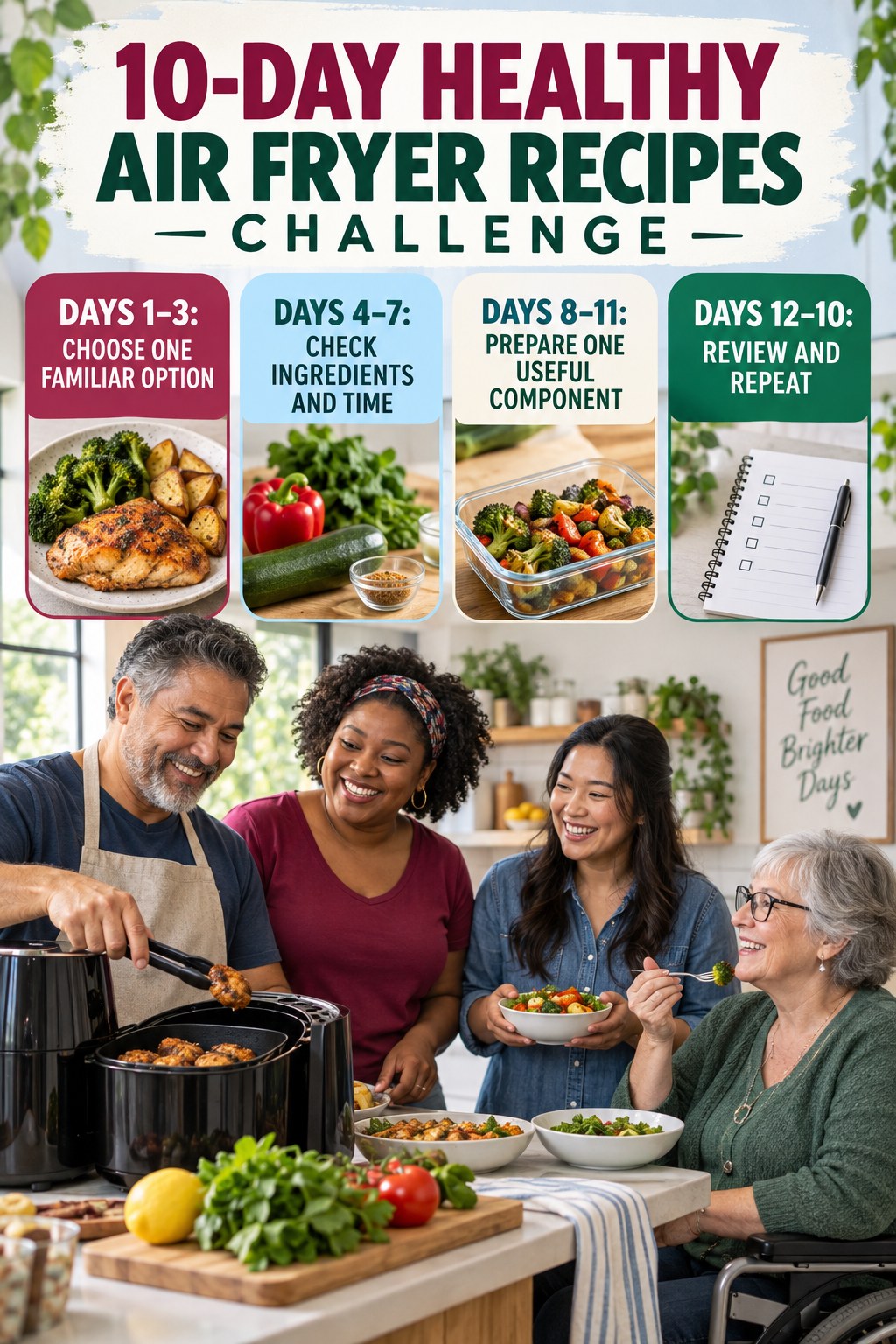 10-day Healthy Air Fryer Recipes challenge graphic showing four manageable milestones for consistent practice.