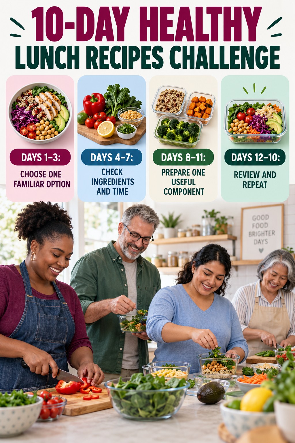 10-day Healthy Lunch Recipes challenge graphic showing four manageable milestones for consistent practice.