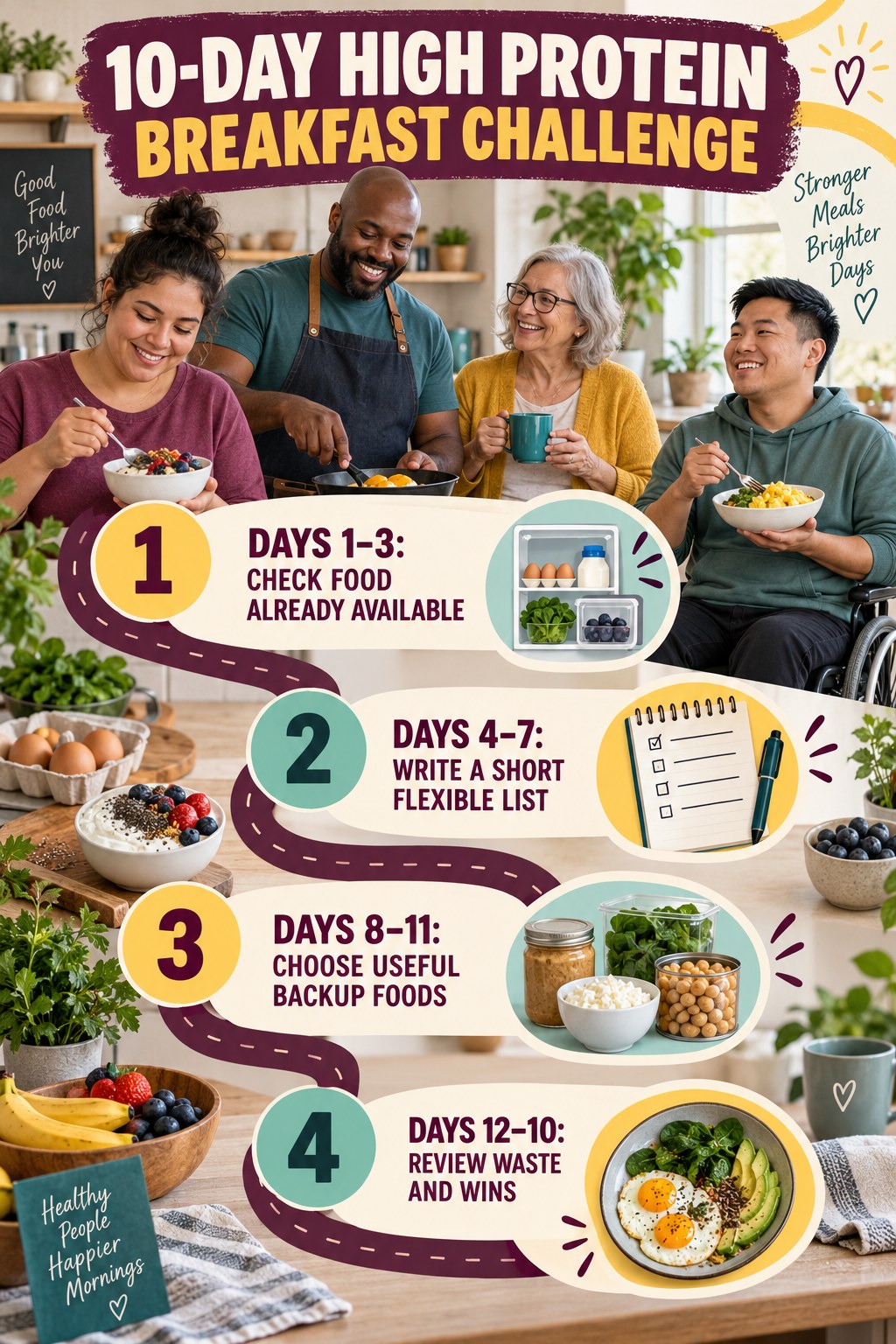 10-day High Protein Breakfast challenge graphic showing four manageable milestones for consistent practice.