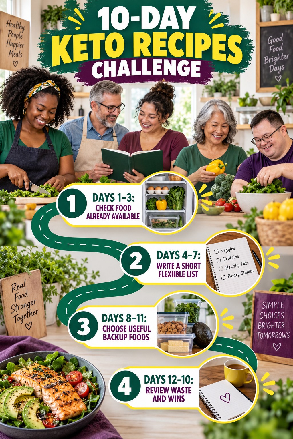 10-day Keto Recipes challenge graphic showing four manageable milestones for consistent practice.
