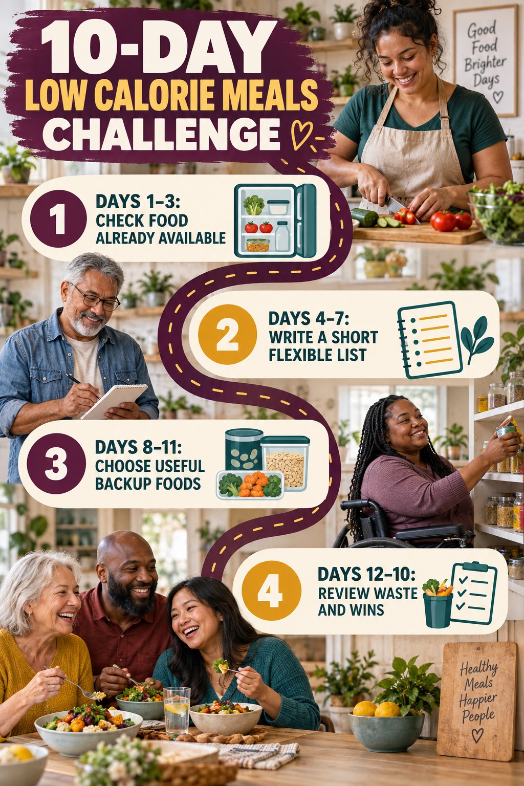 10-day Low Calorie Meals challenge graphic showing four manageable milestones for consistent practice.