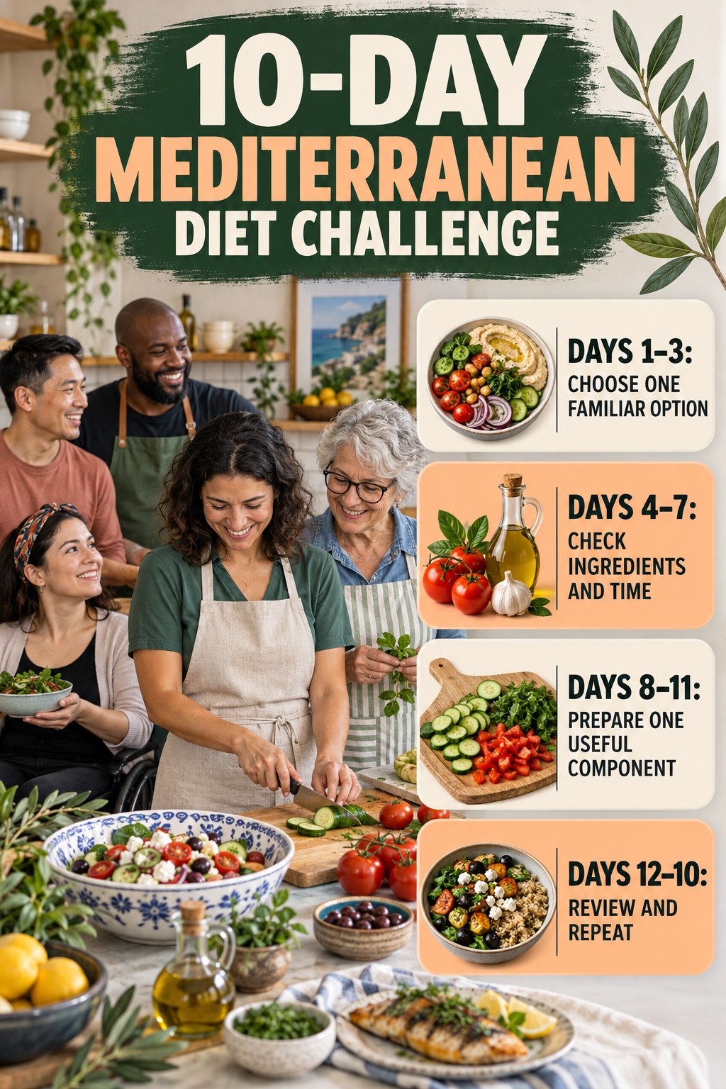 10-day Mediterranean Diet challenge graphic showing four manageable milestones for consistent practice.