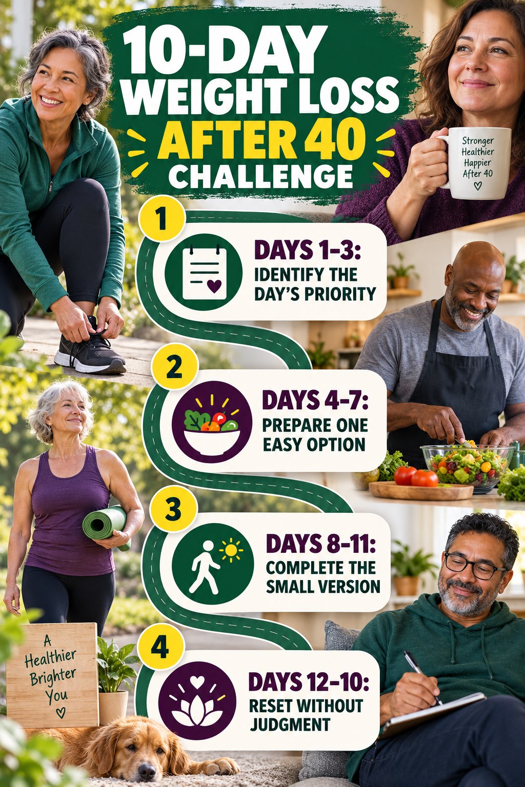10-day Weight Loss After 40 challenge graphic showing four manageable milestones for consistent practice.