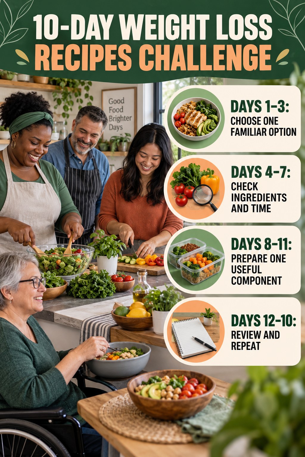 10-day Weight Loss Recipes challenge graphic showing four manageable milestones for consistent practice.