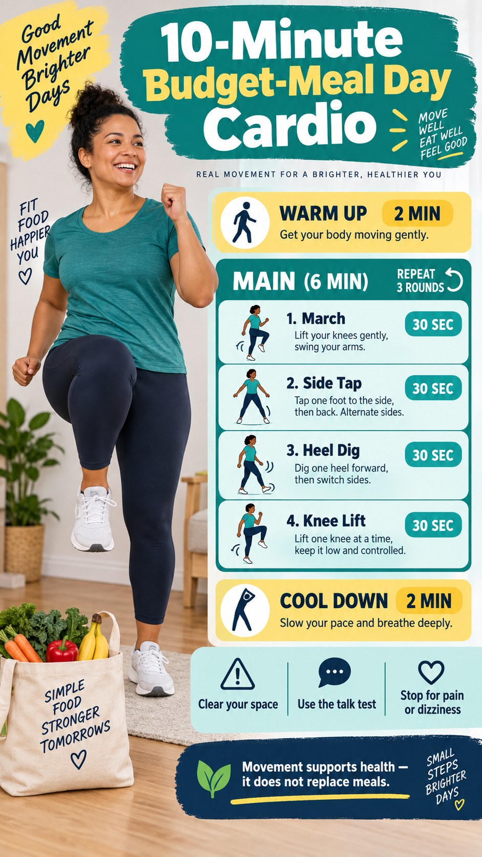 Ten-minute budget-meal day cardio infographic with marching, side taps, heel digs, knee lifts, warm-up, and cool-down.