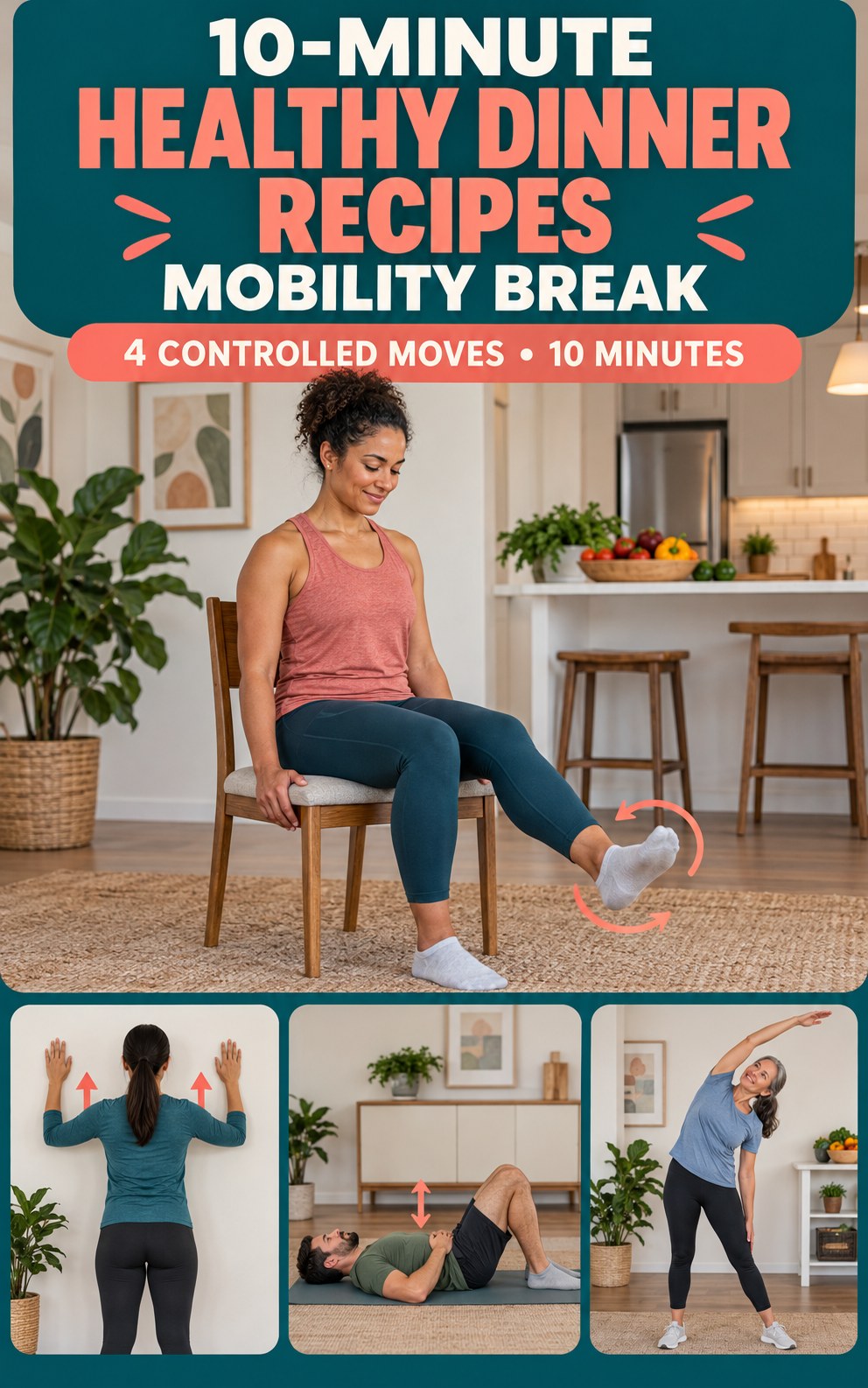 Adult demonstrating seated ankle circles in a 10-minute healthy dinner recipes mobility break infographic.