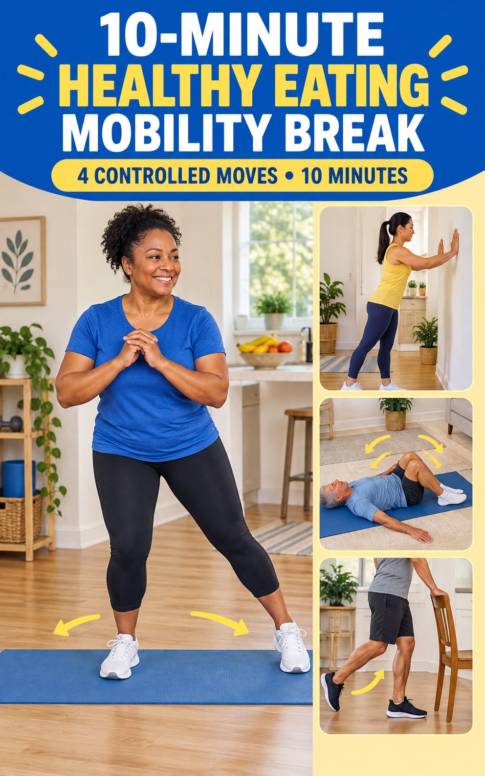 Adult demonstrating supported lateral weight shifts in a 10-minute healthy eating mobility break infographic.