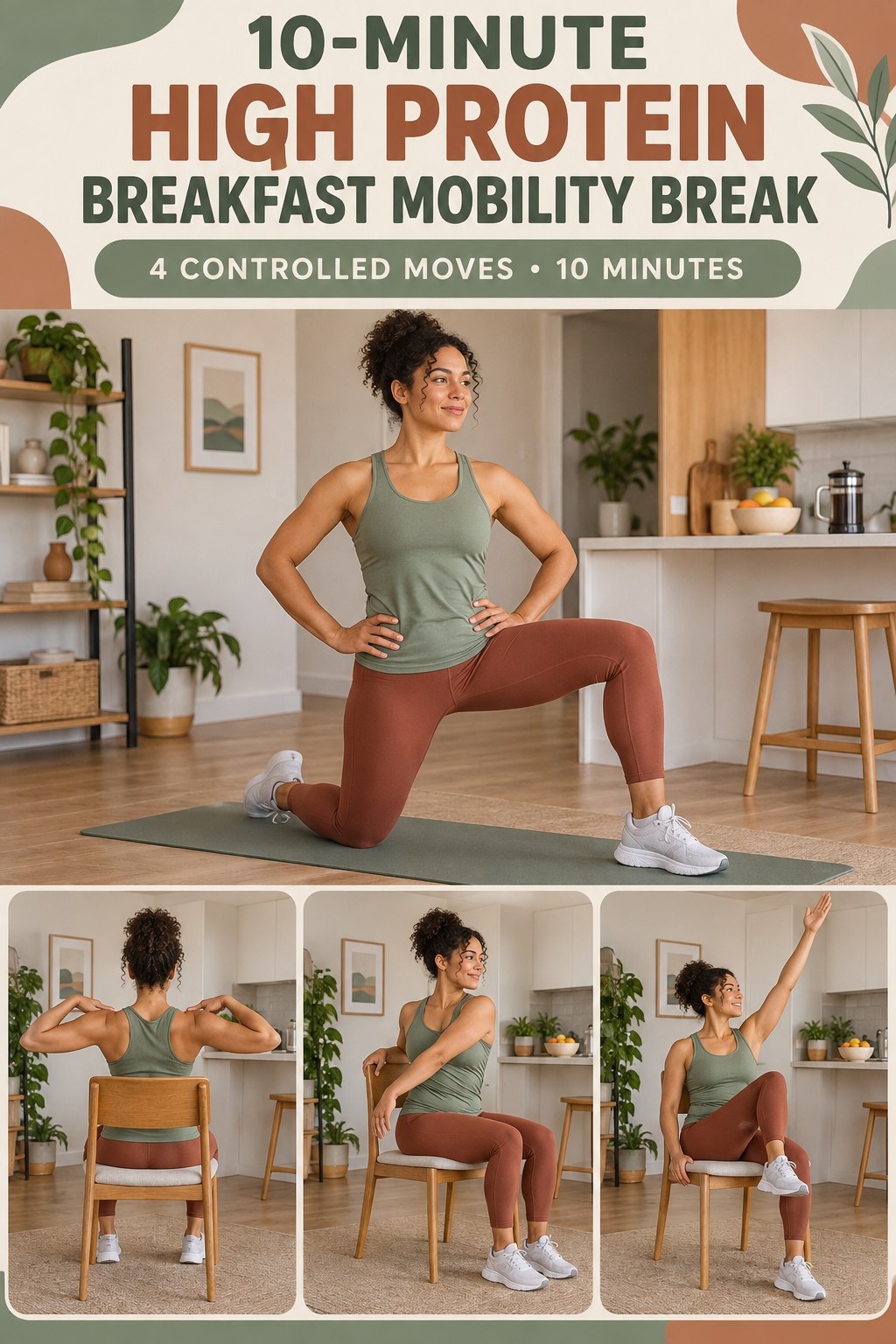 Adult demonstrating half-kneeling hip shifts in a 10-minute high protein breakfast mobility break infographic.