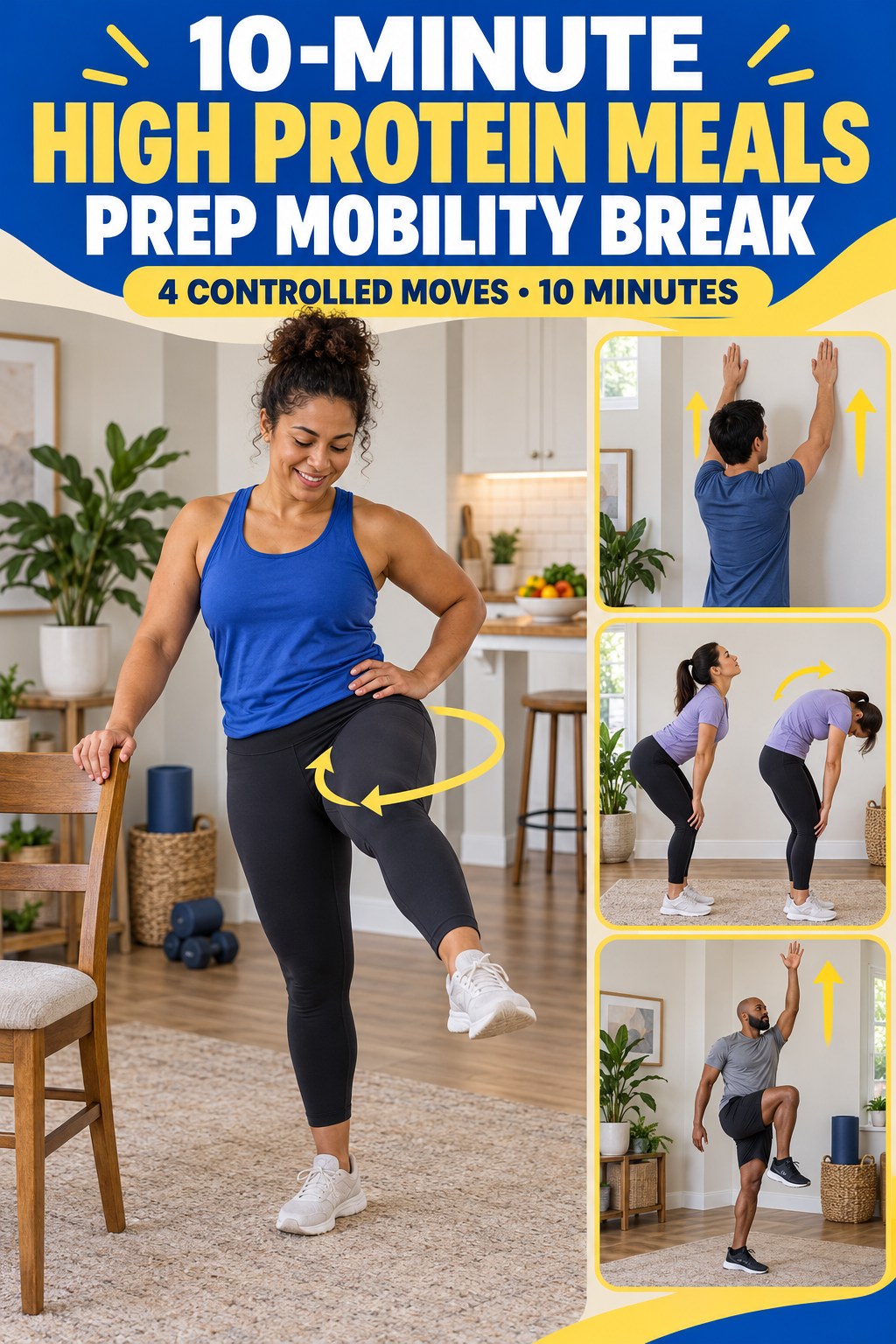 Adult demonstrating supported hip circles in a 10-minute high protein meals prep mobility break infographic.