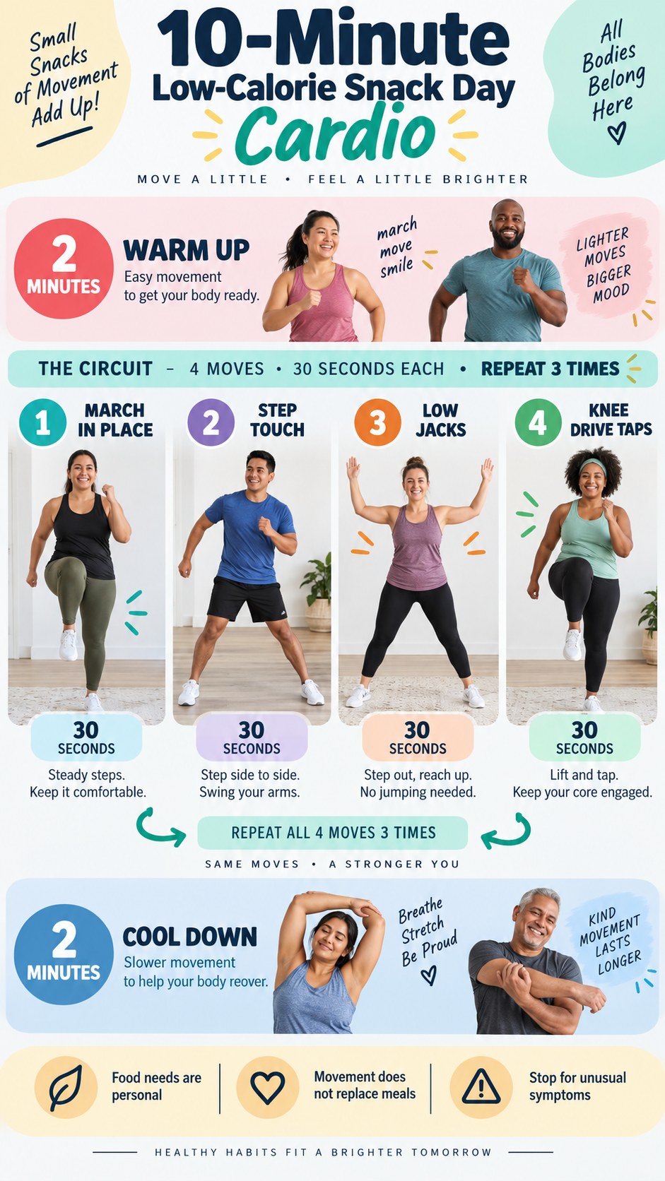 English infographic for 10-minute low-calorie snack day cardio with timed low-impact moves and safety guidance.