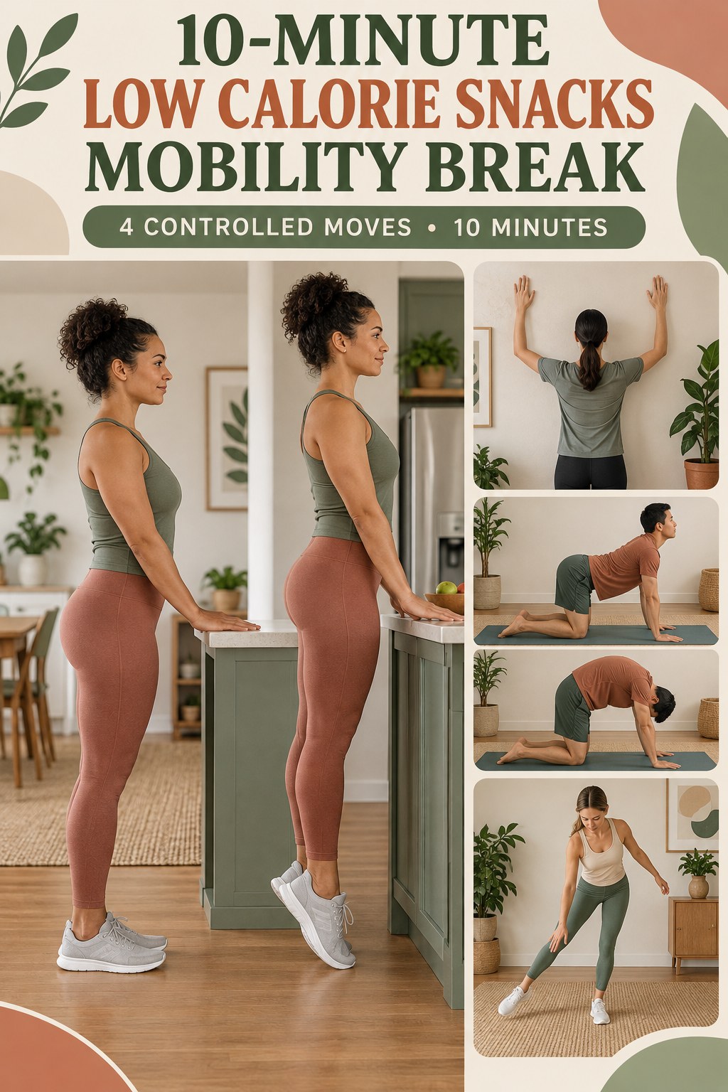 Adult demonstrating toe raises and calf raises in a 10-minute low calorie snacks mobility break infographic.