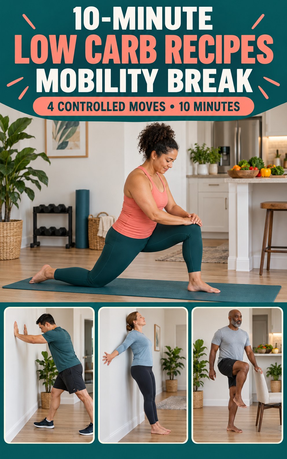 Adult demonstrating low lunge rock-backs in a 10-minute low carb recipes mobility break infographic.
