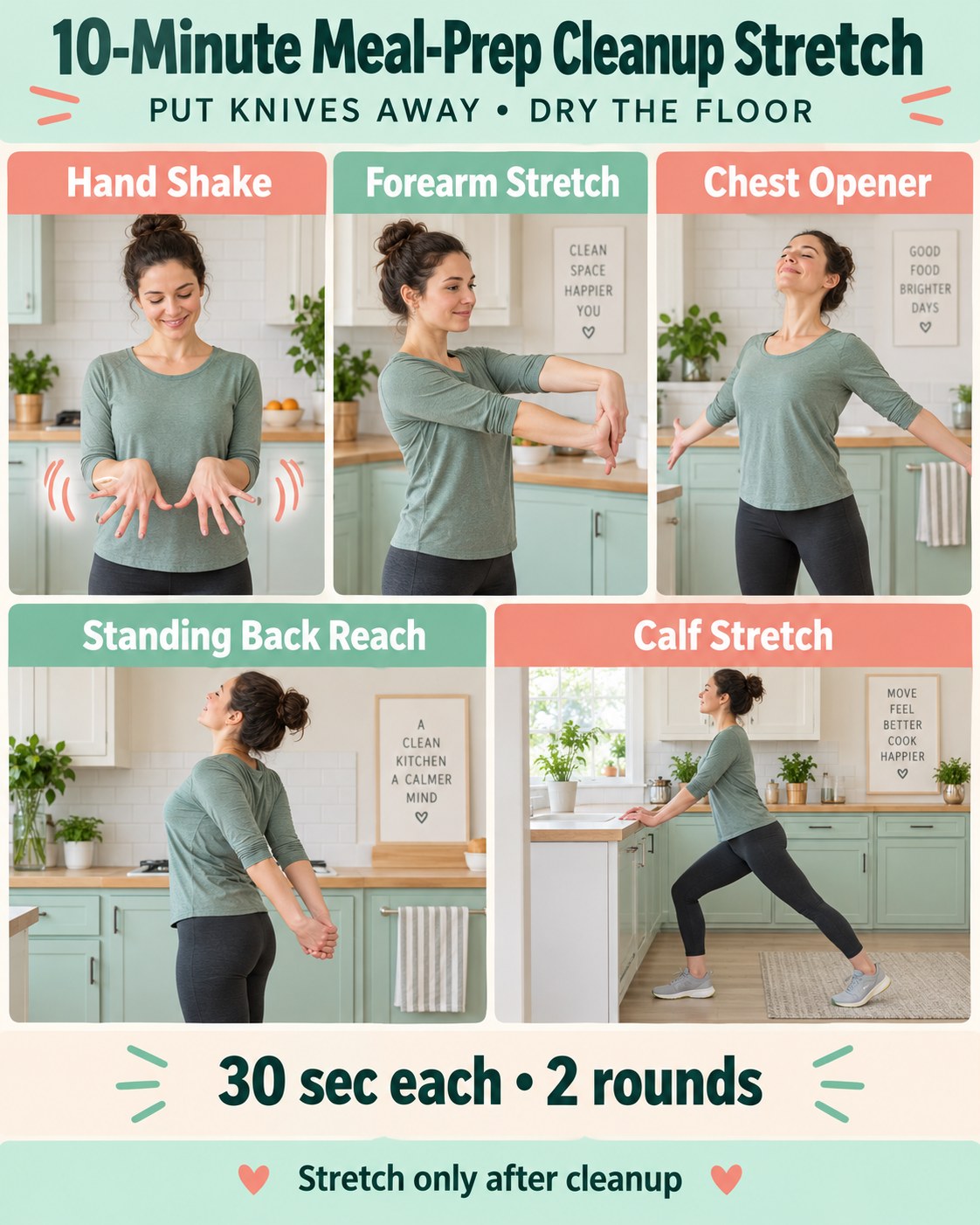 10-minute meal-prep cleanup stretch infographic with five safe movements