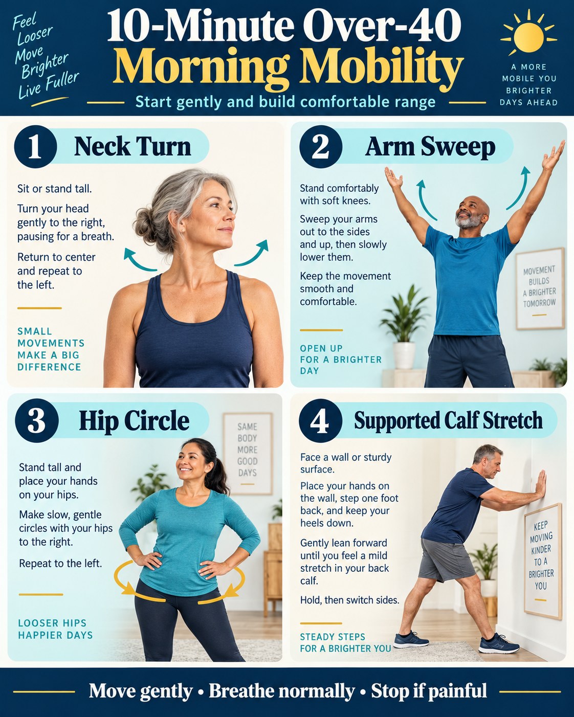 Adults over 40 demonstrating neck turn, arm sweep, hip circle, and supported calf stretch in a morning mobility routine