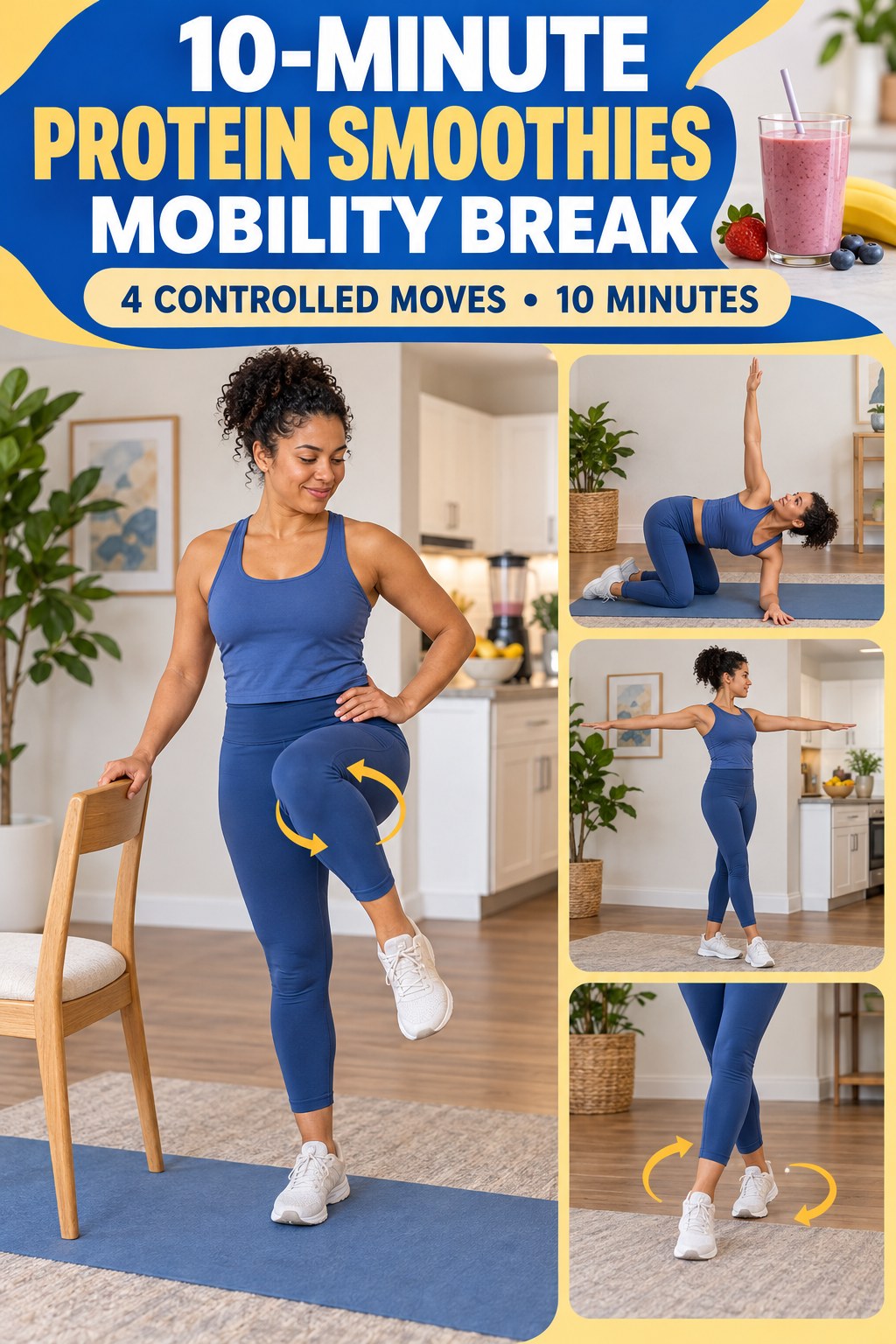 Adult demonstrating chair-assisted knee circles in a 10-minute protein smoothies mobility break infographic.