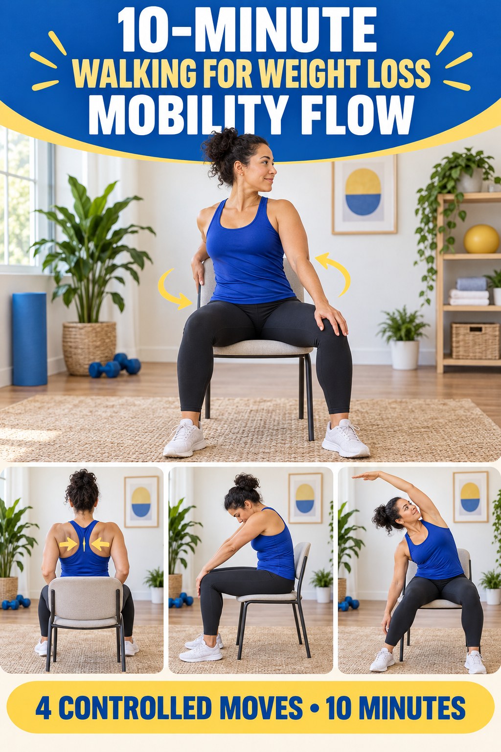 Adult demonstrating seated hip rotations in a 10-minute walking for weight loss mobility flow infographic.